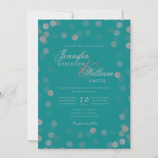 Convites Simples Casamento Elegante Silver Confetti Teal (Frente)