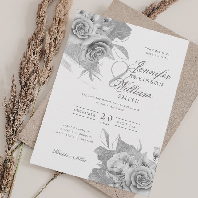 Convites Simples Casamento Elegante Silver Floral & Foil (Simple Elegant Wedding Silver Floral & Foil Invitation)