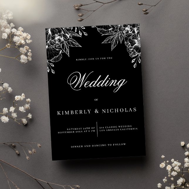 Convites Simples casamento floral branco e preto elegante (Elegant simple black and white floral wedding)