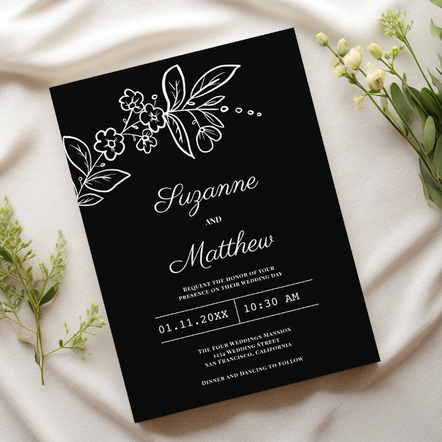 Convites Simples casamento floral branco preto (Simple elegant black white floral wedding)