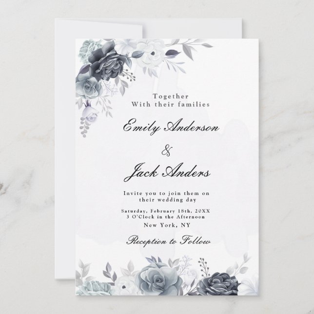 Convites Simples casamento Floral Negro (Frente)