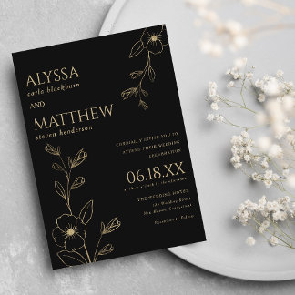 Convites Simples casamento floral preto e dourado
