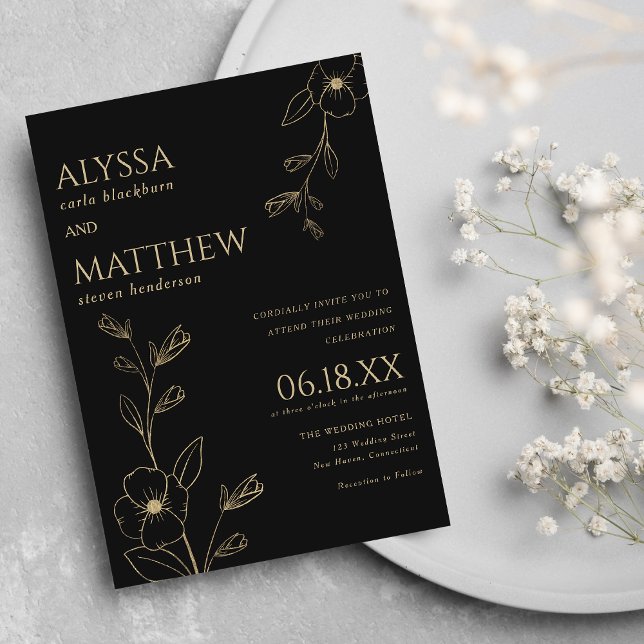 Convites Simples casamento floral preto e dourado (Simple elegant black and gold floral wedding invitation )