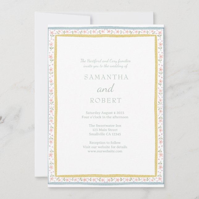 Convites Simples Casamento Floral Rosa Amarelo Romântico  (Frente)
