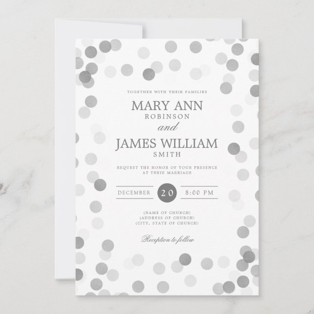 Convites Simples Casamento Moderno Silver Confetti (Frente)