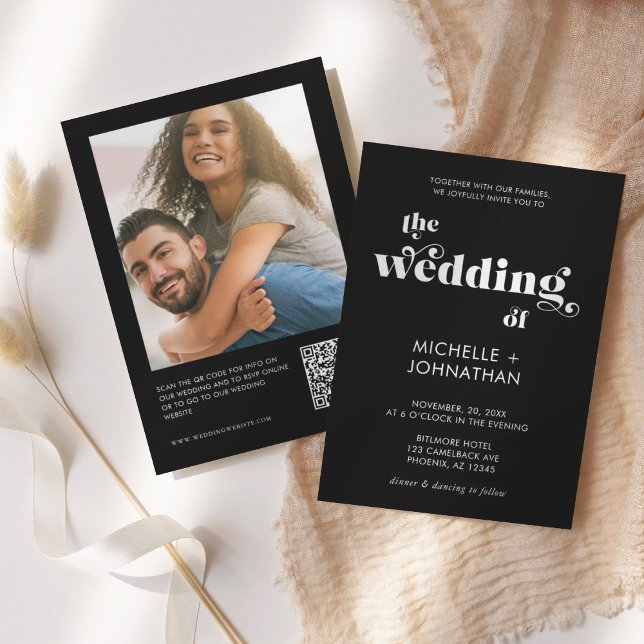 Convites Simples Casamento Preto e Branco QR Foto Moderno (Criador carregado)