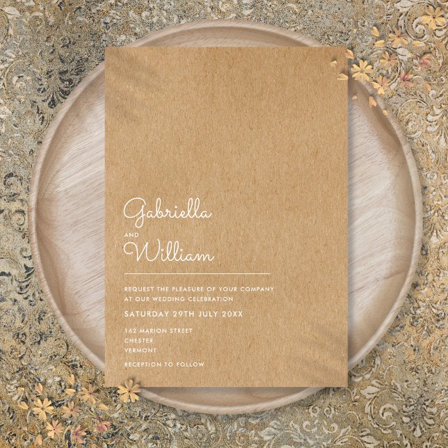 Convites Simples Casamento Rústico Kraft Escrito à Mão (Simple Natural Script Rustic Kraft Wedding Invitation)