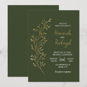 Convites Simples Casamento Verde Dourado Folha