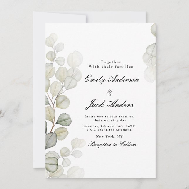 Convites Simples casamento Watercolor Eucalyptus (Frente)