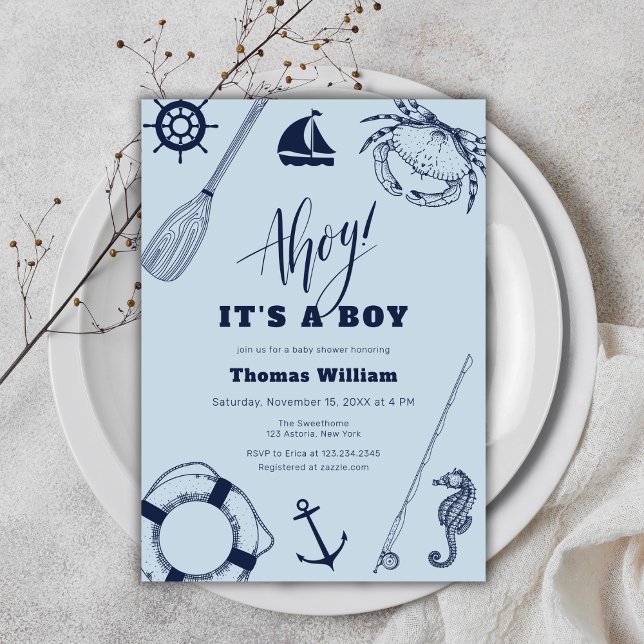 Convites Simples Chá de fraldas de Garoto Náutico Moderno (Simple Modern Nautical Fishing Boy Baby Shower Invitation)