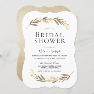 Convites Simples Chá de panela Dourado de Folha Elegante Mo