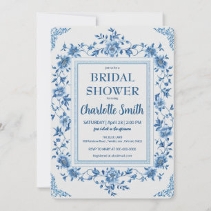 Convites Simples chá de panela Floral de Chinoiserie Azul