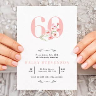 Convites Simples chic Blush White Floral 60º aniversário, c