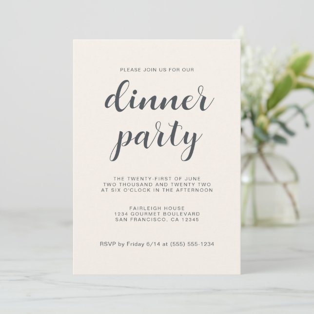 Convites Simples Chic Script Light Ivory Jantar Party (Em pé/Frente)