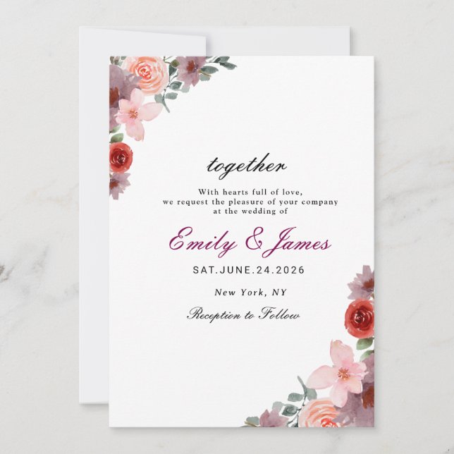 Convites Simples chic Watercolor Casamento Floral (Frente)