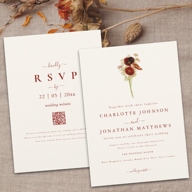 Convites Simples Código QR de Flor Silvestre Boho de Outono (Simple Wildflower brown orange floral Wedding qr code invitation )