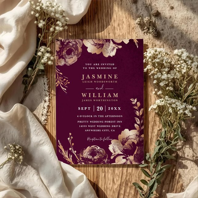 Convites Simples Código QR Floral Rosa Borgonha Casamento (Criador carregado)