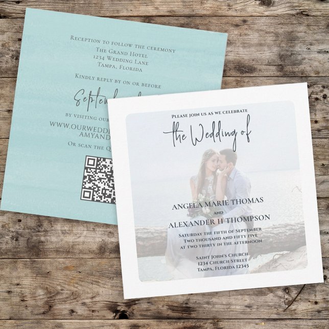 Convites Simples Código QR Turquesa Elegante RSVP Oceano (Criador carregado)