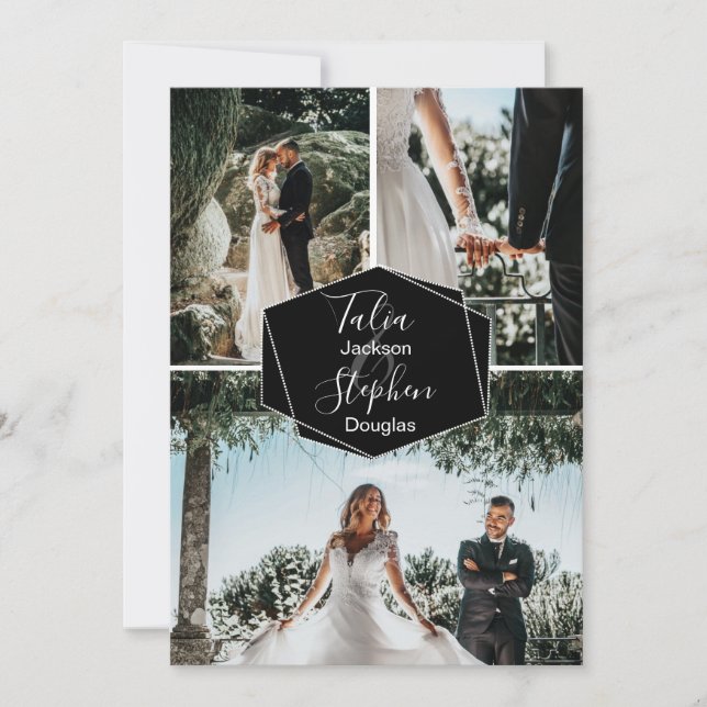 Convites Simples colagem de casamento em grade preta elegan (Frente)