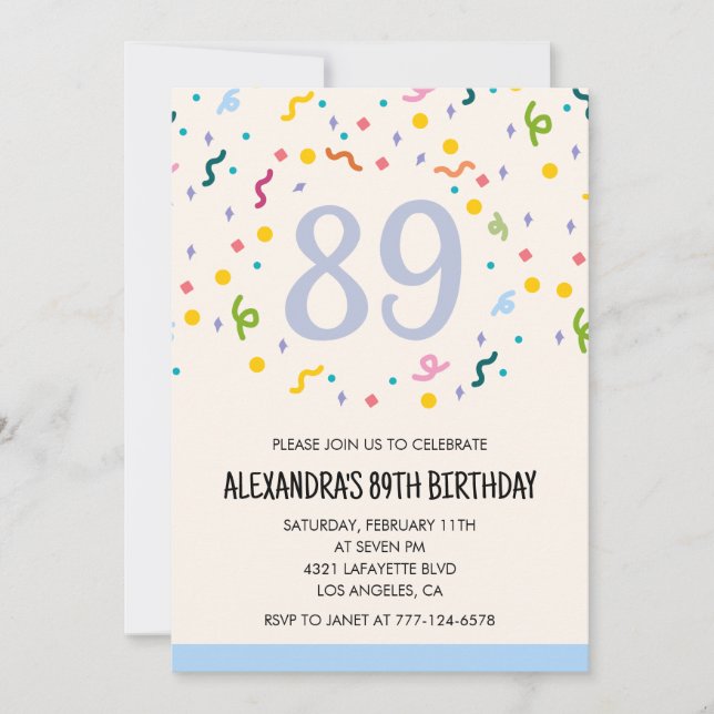 Convites simples de aniversário de 89 anos Confett (Frente)
