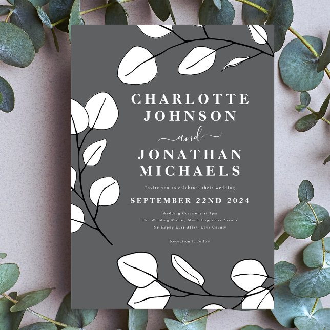 Convites Simples Deixa Cinza Na moda moderna (Simple leaves stylish modern gray black and white wedding invitation)
