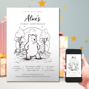 Convites Simples Desenho Pequeno Urso Bebê Aniversário