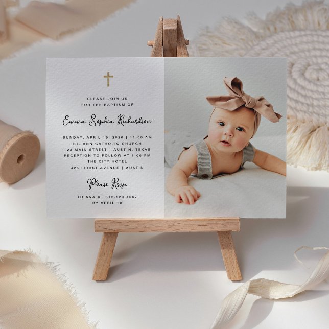 Convites Simples doce | Batismo fotográfico e preto e branc (A sweet and whimsical Baptism invitation with photo and faux gold cross)