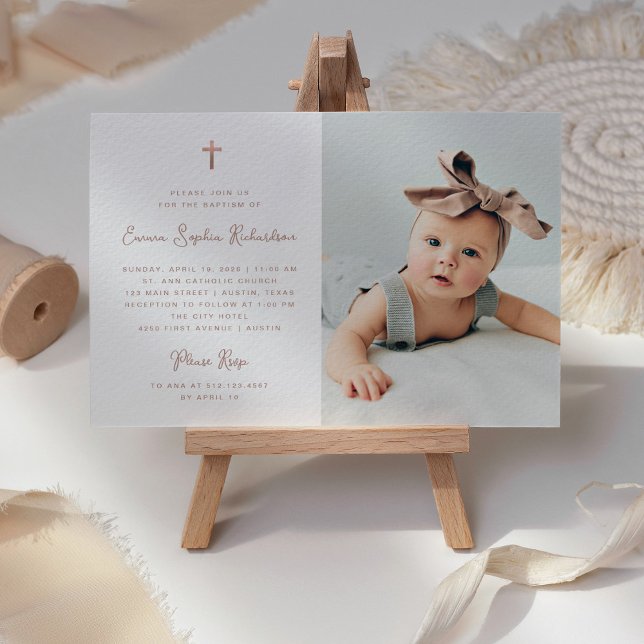 Convites Simples doce | Rosa de Faux Dourado com Batismo Fo (A sweet and whimsical Baptism invitation with photo and faux rose gold cross)