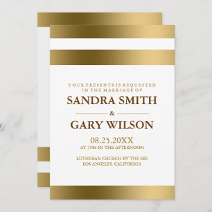 Convites Simples Douradas Stripes Sobre Casamento Branco De