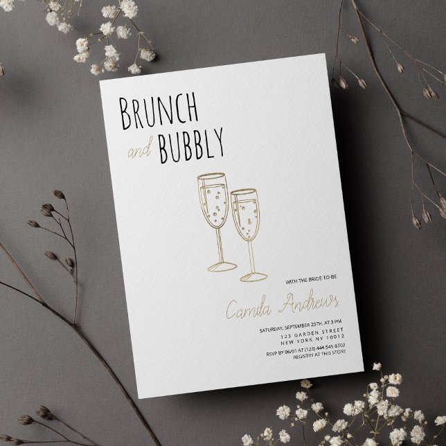 Convites Simples Dourado Brunch E Chá de panela De Borracha (Simple White Gold Brunch And Bubbly Bridal Shower)