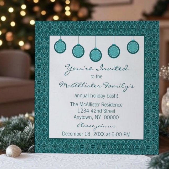 Convites Simples e Clássico Ornaments Natal Teal (Teal Simply Classic Damask Ornaments Christmas Party Invitation)
