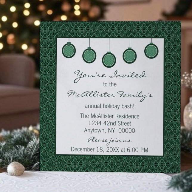 Convites Simples e Clássico Ornaments Natal Verde (Green Simply Classic Damask Ornaments Christmas Party Invitation)