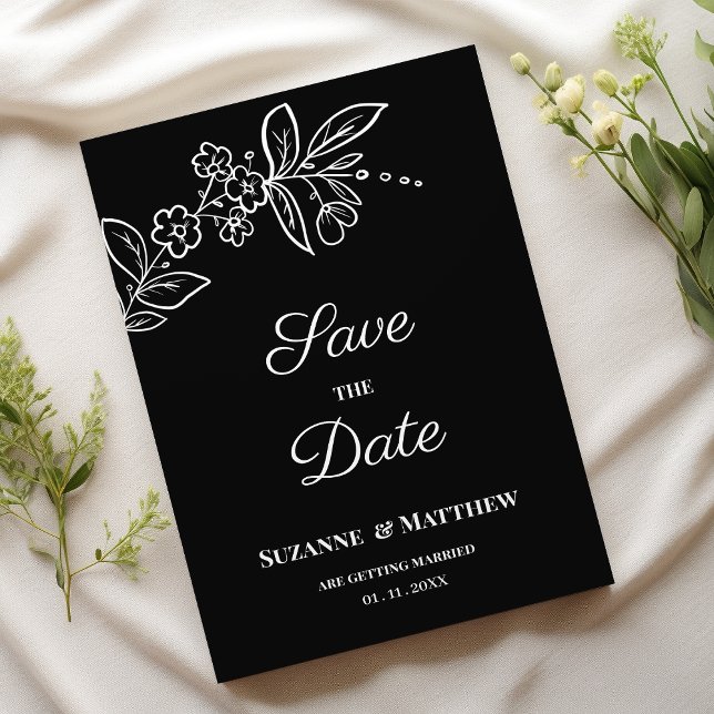 Convites Simples e elegante floral preto Guarde a Data (Simple elegant black white floral Save the Date)