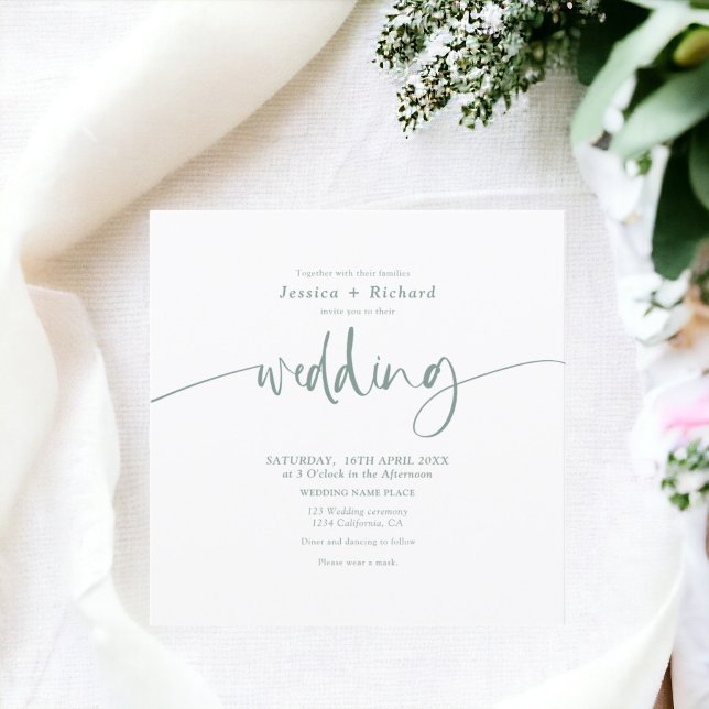 Convites Simples e elegante guião de casamento verde modern (Modern elegant simple sage green wedding script invitation)