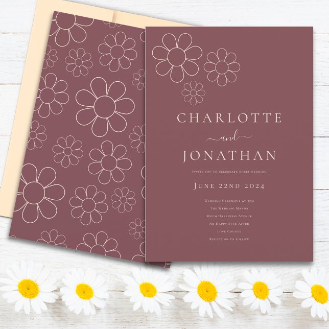 Convites Simples e Moderna Margarida Burgundy Plum (Retro Minimalist Daisy pattern burgundy plum wedding invitation)