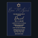 Convites Simples e Moderno Bar Vermelho Dourado Mitzvah<br><div class="desc">Este convite elegante e Bar Mitzvah é a escolha perfeita para o seu filho no dia especial. Ele apresenta um simples e moderno design de tipografia falsa de ouro com a estrela de David sobre um simples fundo azul marinho. É um design único, legal e moderno celebrar isso uma vez...</div>