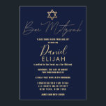 Convites Simples e Moderno Bar Vermelho Dourado Mitzvah<br><div class="desc">Este convite elegante e Bar Mitzvah é a escolha perfeita para o seu filho no dia especial. Ele apresenta um simples e moderno design de tipografia falsa de ouro com a estrela de David sobre um simples fundo azul marinho. É um design único, legal e moderno celebrar isso uma vez...</div>