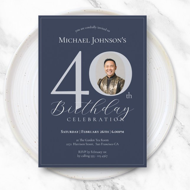 Convites Simples e sofisticado aniversário de 40 anos azul- (Simple Classy Navy Blue Silver Photo 40th Birthday Invitation)