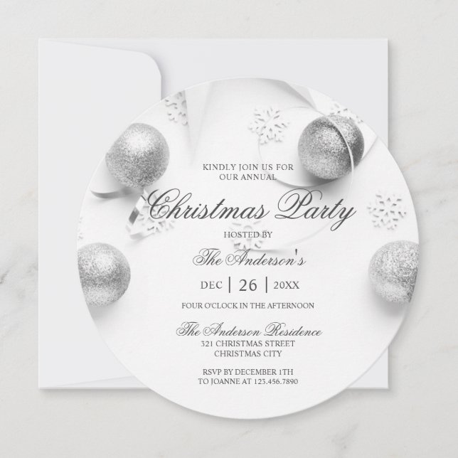 Convites Simples Elagant White e Silver Christmas Party (Frente)