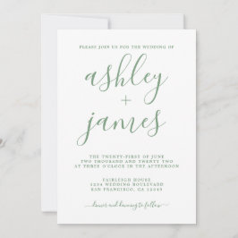 Convites Simples Elegância Verde Branco Caligrafia Casament