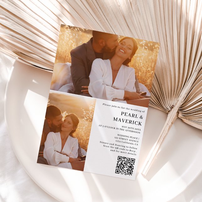 Convites Simples elegante 3 foto qr code casamento branco p (Criador carregado)