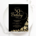 Convites Simples Elegante 50º aniversário Rosas Dourados pr<br><div class="desc">Simples elegante 50º convite de aniversário em preto e ouro. Design clássico com rosas, folha de ouro falsa e letra de script de tipografia. A Trendy convida o cartão perfeito para uma festa de na moda. Personalize com seus próprios detalhes. Pode ser personalizado para qualquer idade. Impressos convites Zazzle ou...</div>
