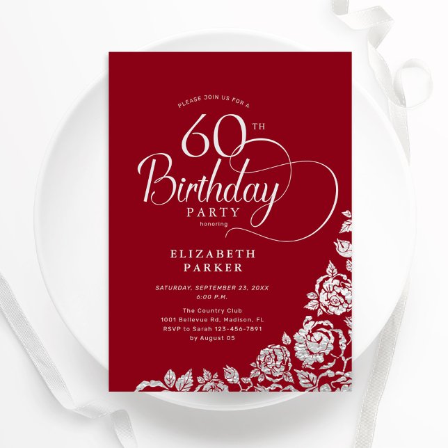 Convites Simples Elegante 60º aniversário Rosas Red Silver (Criador carregado)