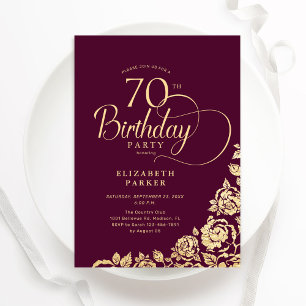Convites Simples Elegante 70 Birthday Burgundy Dourado