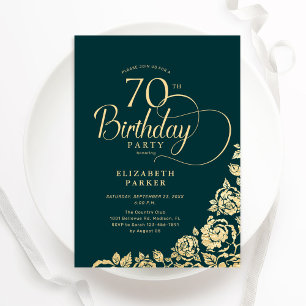 Convites Simples Elegante 70 Birthday Emerald Green Dourado