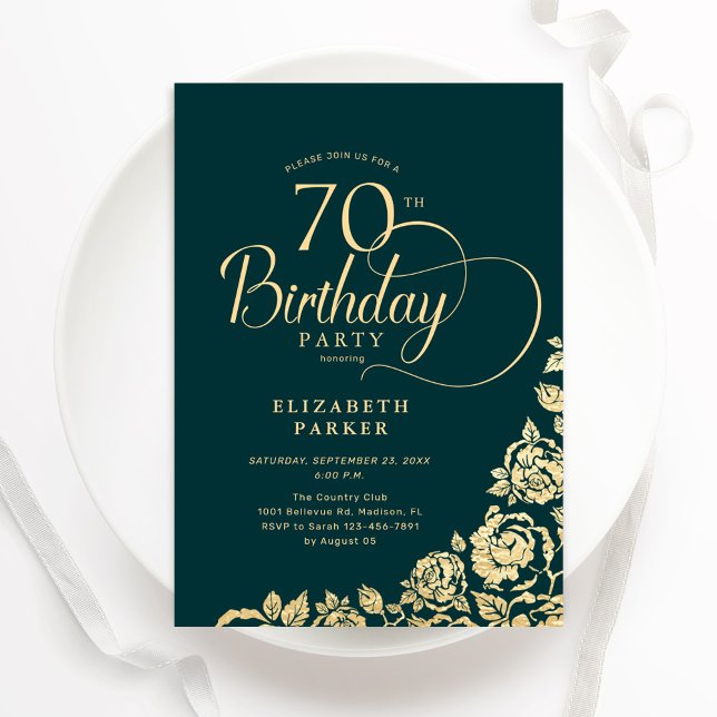 Convites Simples Elegante 70 Birthday Emerald Green Dourado (Criador carregado)