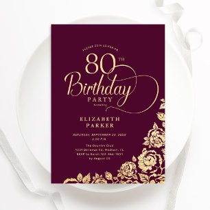 Convites Simples Elegante 80 Birthday Burgundy Dourado