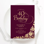 Convites Simples Elegante aniversário de 40 anos Burgundy D<br><div class="desc">Simples convite de festas elegante em burgundy e ouro. Design clássico com rosas, folha de ouro falsa e letra de script de tipografia. A Trendy convida o cartão perfeito para uma festa de na moda. Personalize com seus próprios detalhes. Pode ser personalizado para qualquer idade. Impressos convites Zazzle ou modelo...</div>