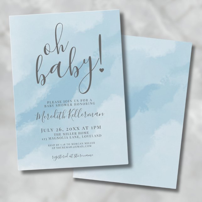 Convites Simples Elegante Aquarela Azul Oh Chá de fraldas (Simple Elegant Watercolor Blue Baby Shower Invitation)