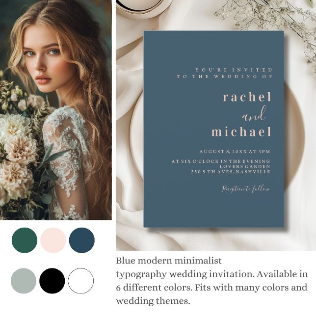 Convites Simples, elegante, azul (Green modern minimalist 
typography wedding invitation. Available in 6 different colors. )